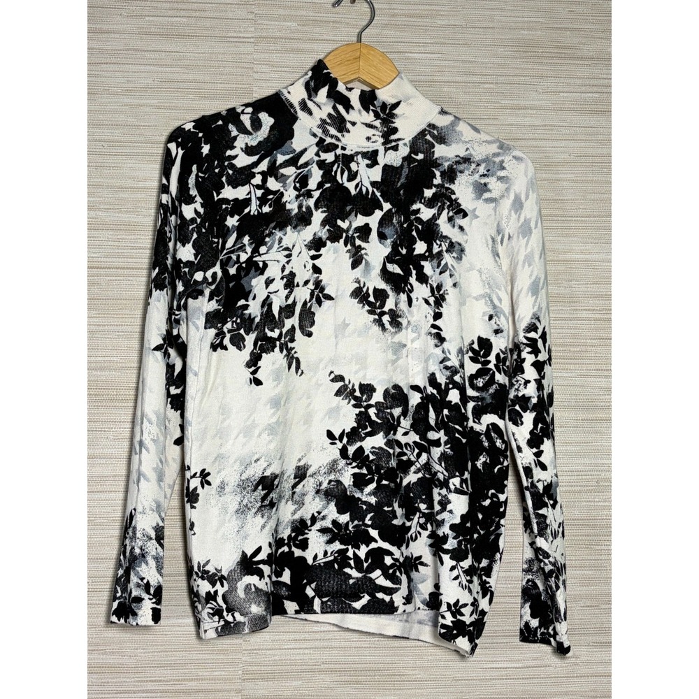 Chico's Ella Floral Houndstooth Mock Neck Sweater Women Size S Black White NWT